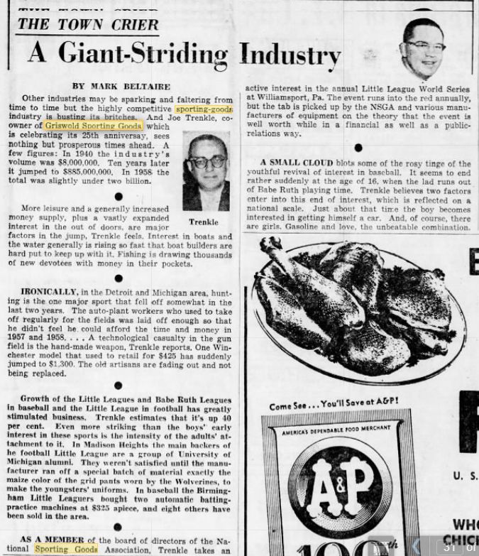 Griswold Sporting Goods - Article On Joe Trenkle 1959 (newer photo)